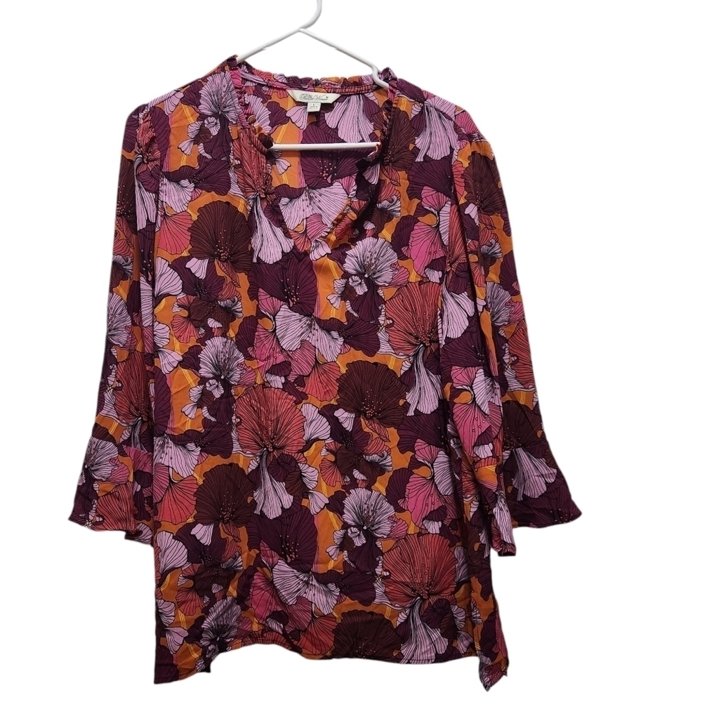 The Pioneer Woman Red Pink & Orange Floral Flared Sleeve Boho Blouse Sz L Large
